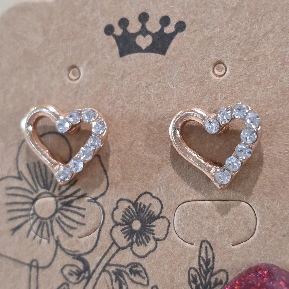 NOS Rose Gold Open HEART Rhinestone Accent Stud Pierced Earrings